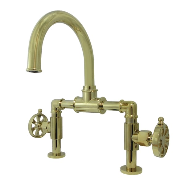 Indstrl Style Wheel Handle Bridge Bathroom Faucet W/Pop-Up Drain, Brass